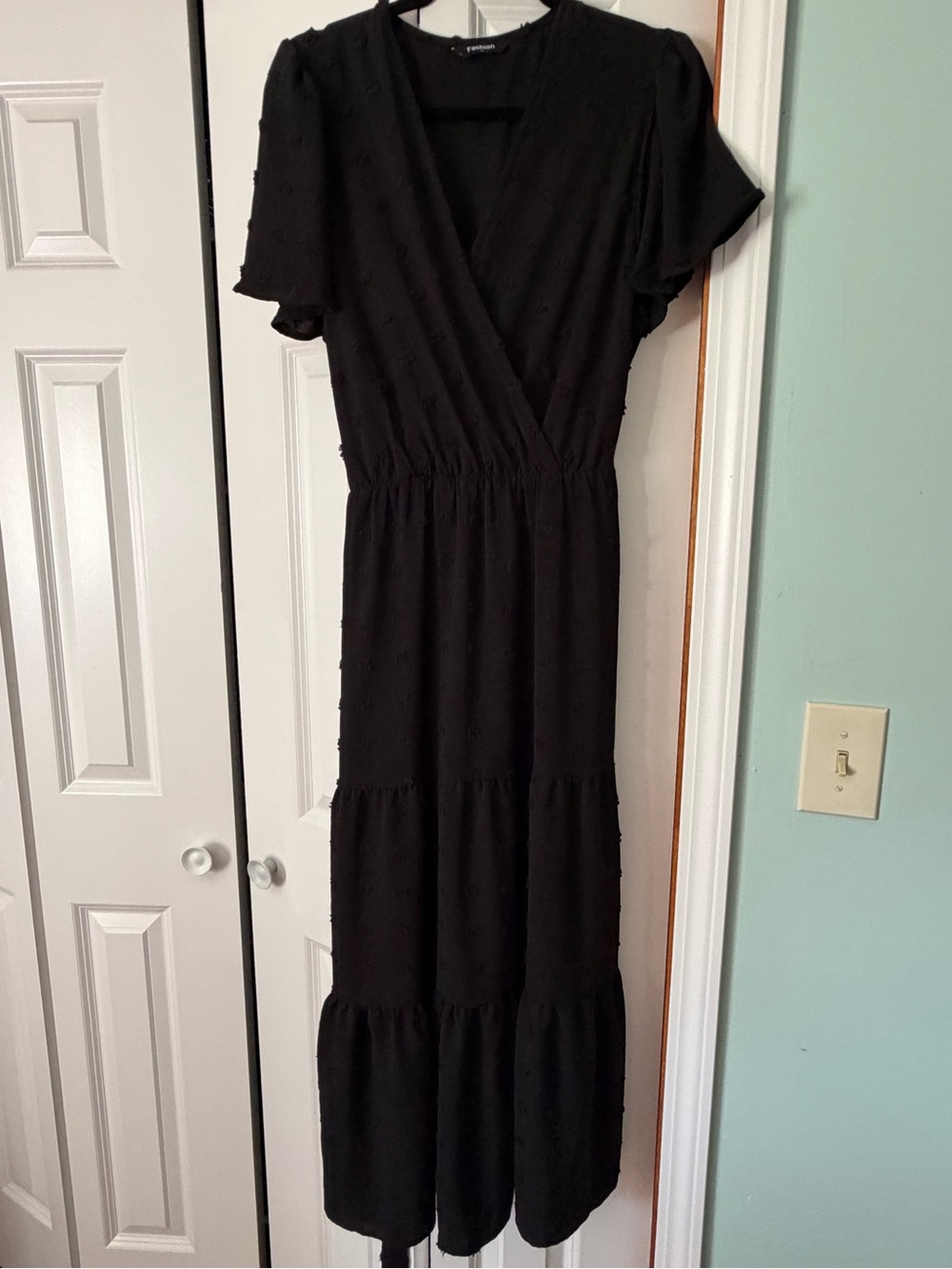 Black Tiered V-Neck Maxi Dress with polka dots